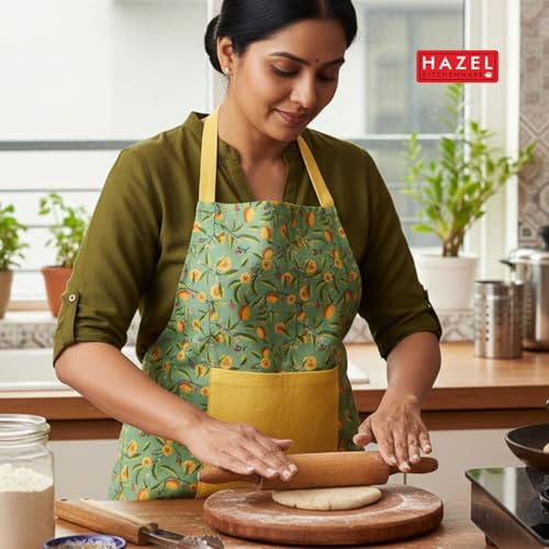Image of HAZEL Cotton Kitchen Apron with Front Pocket | Adjustable Neck Strap & Tie Back | Reusable Cooking, Baking & Cleaning Apron for Men & Women (Yellow & Green)