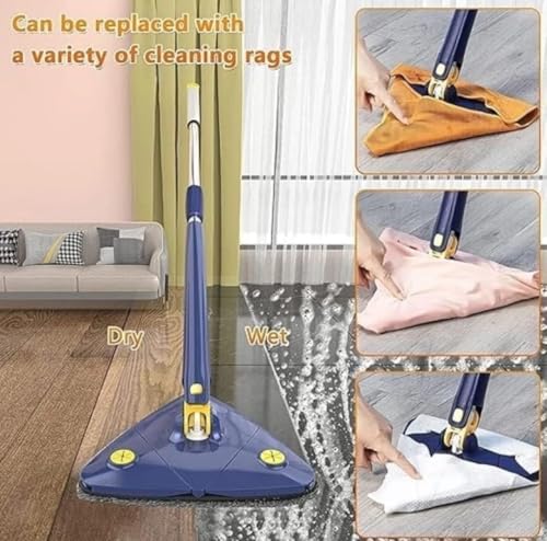 Image of 360 Rotating Triangle Mop with Adjustable Long Handle | Microfiber Flat Mop for Floor, Wall, Ceiling & Corner Cleaning | Self-Squeeze Wet & Dry Cleaner for Home, Kitchen, Bathroom & Tiles