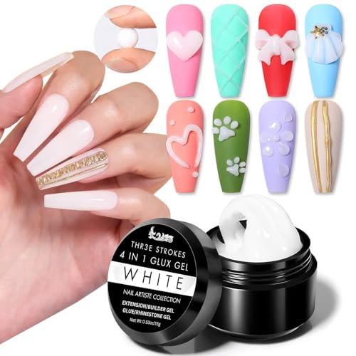 Image of THR3E STROKES 7D Sculpting Gel for Nail Art - Clear 15g Hard Builder Gel for Nail Extension, Carving & Embossing | Non-Sticky Texture, 7D Pattern Design Gel - Professional & DIY Use 4IN1 GLUX (WHITE)