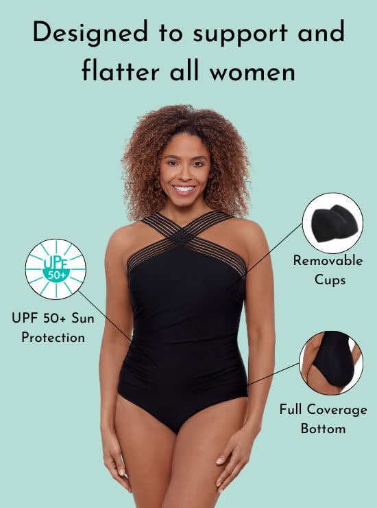 Aqua Green Women's Standard Full Coverage Novelty Trim High Criss Cross Neck One Piece Swimsuit4