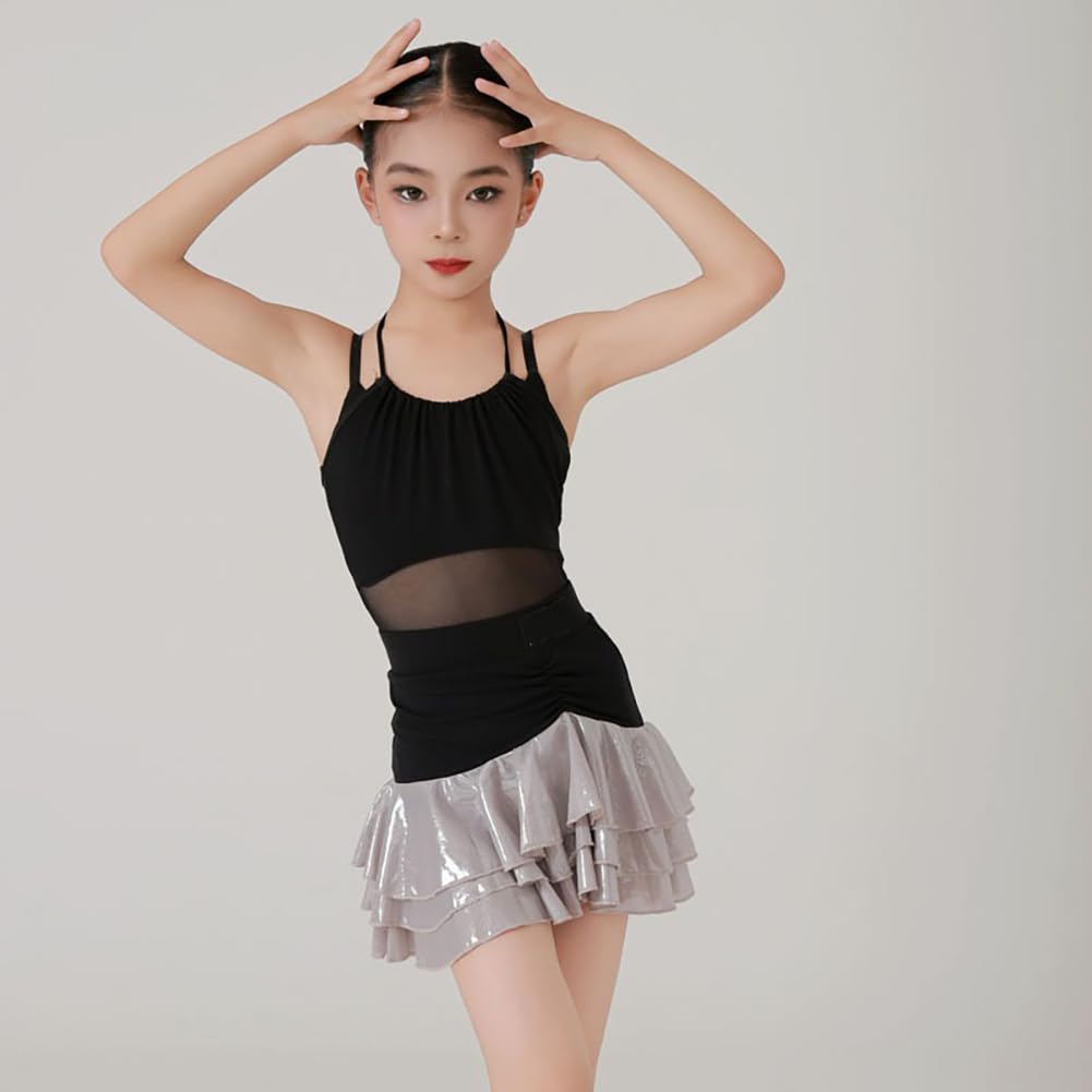 Vestido de Baile Latino para Niñas Top Tipo Camisola Atuendo para Baile de Salón Cha Cha Jazz Tango Conjunto para Entrenamiento Y Presentaciones(150Cm)