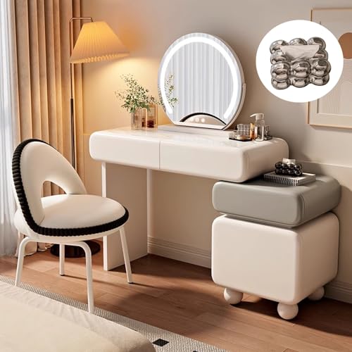 LVYWEX Tocador con Espejo Iluminado,Escritorio Extensible 4 Cajones Grandes,Estilo Minimalista Blanco/Gris,3 Banquillos Opcionales(B,White+Grey_100CM)