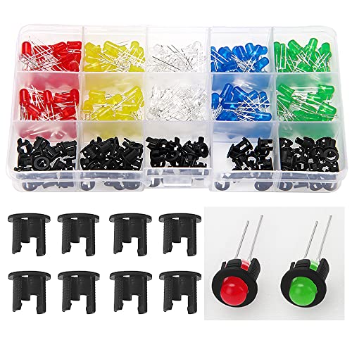 Lyeteung 200 Piezas 5mm LED Diodo Emisor de Luz, 2-Pin Redondo LED DIP Diodos Multicolor Emisores de Luz, Rojo Verde Azul Amarillo Blanco, 40 Piezas por Color, con 100 Piezas Soporte LED de Plástico Cover