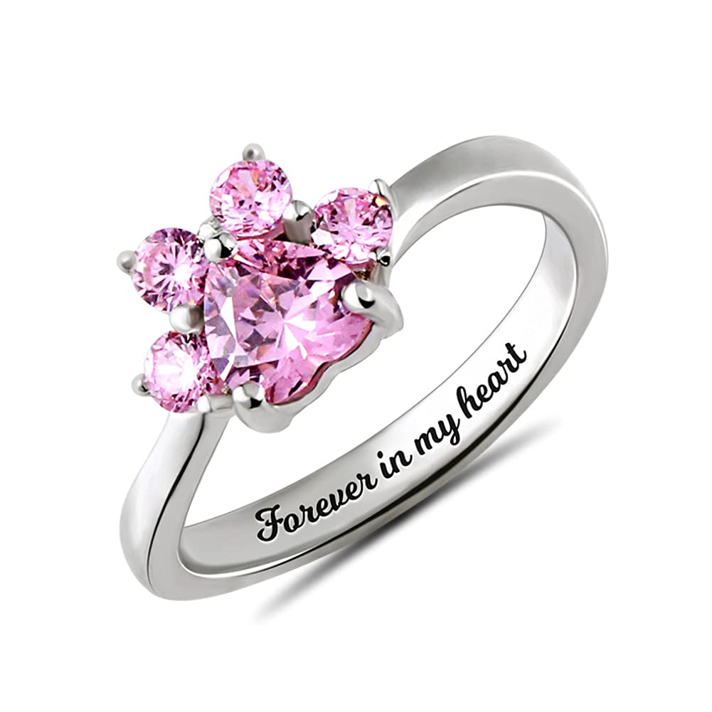 Getname Necklace Paw Ring 925 Sterling Silver Custom Crystal Ring Gift for Her - Personalized Engraved Crystal Dog Paw Ring Jewelry Gift for Women