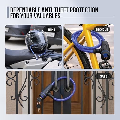 Image of Robustt Braided Steel Cable Lock with Keys - 0.65m Long, 10mm Thick PVC Coated Cut-Resistant Cable | Dust Cover Key Slot | Extra Key Included | Anti-Theft Cable Lock- Blue