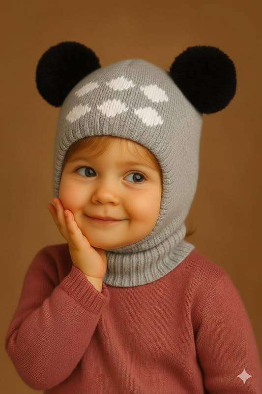 NCRF MART™ Kids Winter Knitted Balaclava Hat with Pom Poms | Warm Woolen Ski Mask for Boys & Girls (Grey, 3-4Y Years) 1