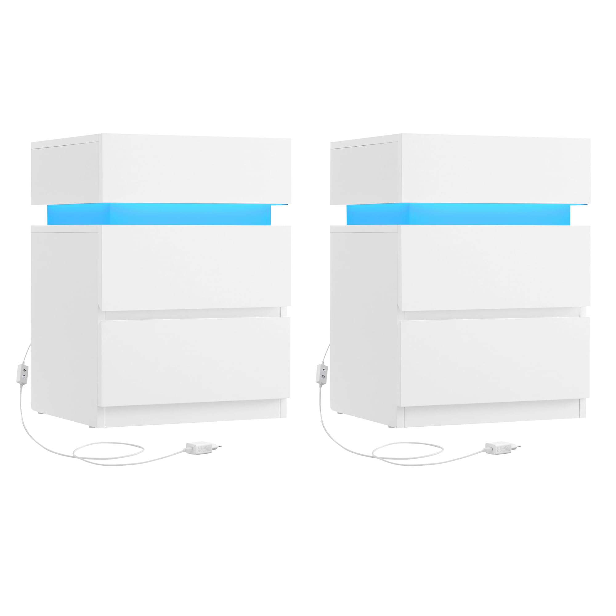 VASAGLE Nachttisch mit LED-Beleuchtung, 2er Set, Beistelltisch, einstellbare Farben, Sofatisch 3 Schubladen, Nachtschrank Schlafzimmer, modern, 35 x 40 x 55 cm, weiß LET799T10