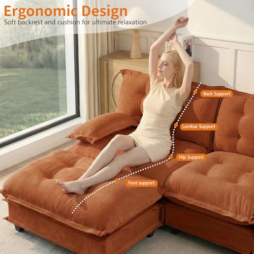 Image of 139 inch Sectional Sleeper Sofa with Ottoman, L Shaped Modular Deep Seat Couches for Living Room Apartment, Flexible Module Combination Cloud Sofa with Spring Support, Easy Assembly, Orange