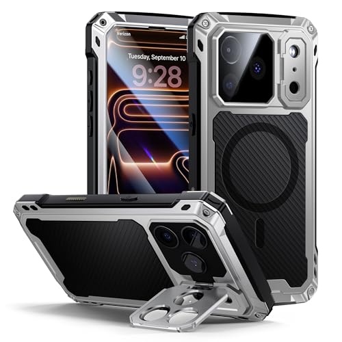 Lanhiem for iPhone 17 Pro Max Metal Case with Kickstand, Compatible with MagSafe, Built in Tempered Glass Screen Protector, Heavy Duty Shockproof Rugged Full Body Tough Phone Cover 6.9" (Silver) by Lanhiem - Used condition - US$13.88