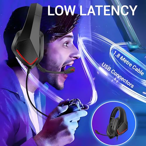 Image of Ant Esports H590 7.1 Surround Sound Gaming Headset, USB Wired Over-Ear Headphones with 50mm Drivers, Noise Cancelling Mic, Red LED, Soft Earmuffs, for PC, PS5, Xbox, Laptop