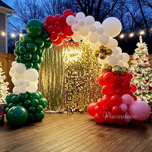 Image of Christmas Balloon Arch Kit - Green, Pink, Red, White & Gold Balloons | Double-Stuffed for fuller color, Pink Xmas balloon arch for Merry Christmas party decorations