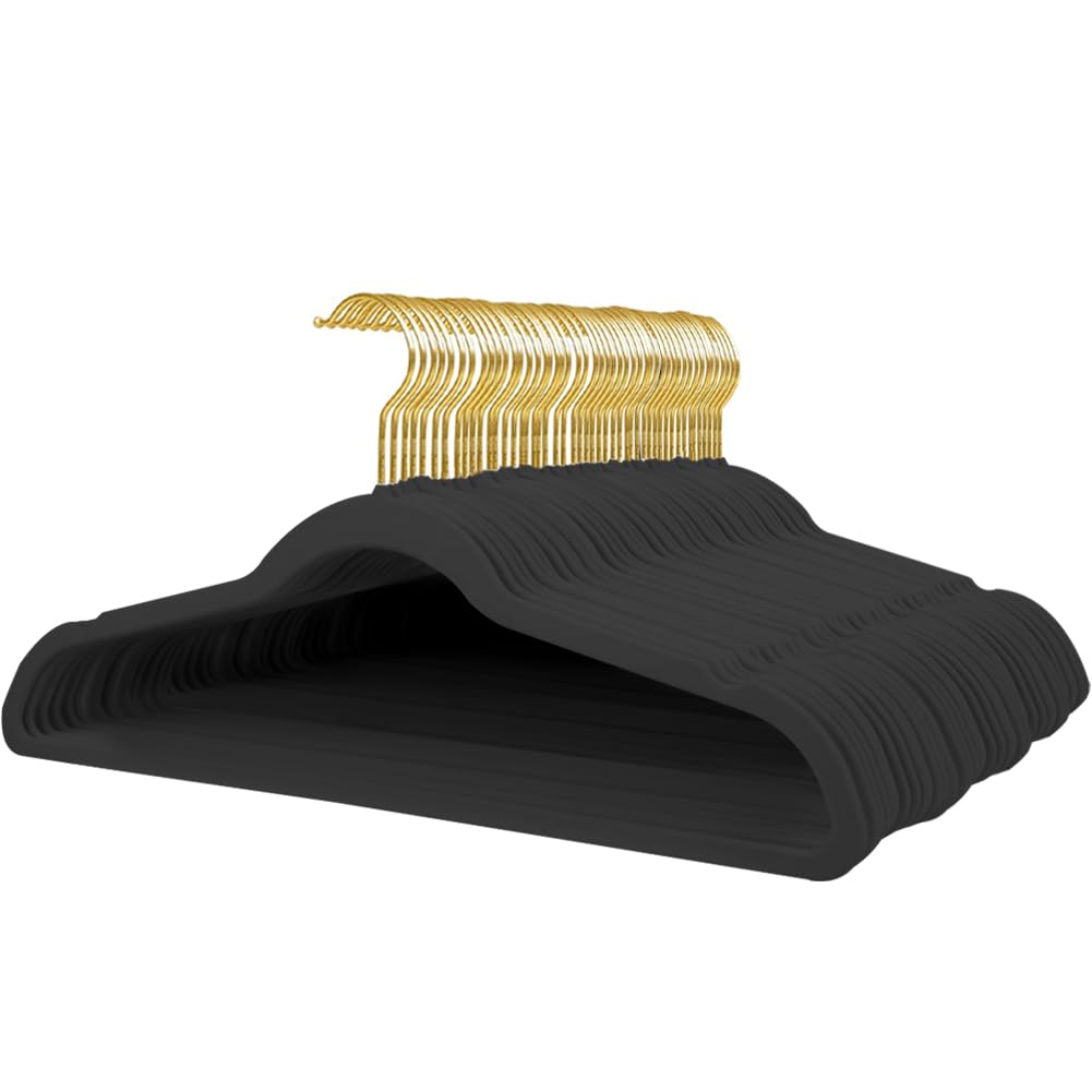 Stormix Lot de 52 Cintres en Velours, 44 x 22,6 cm Antidérapants, avec Encoches Aux épaules pour Adulte Noir (Crochet d'or)