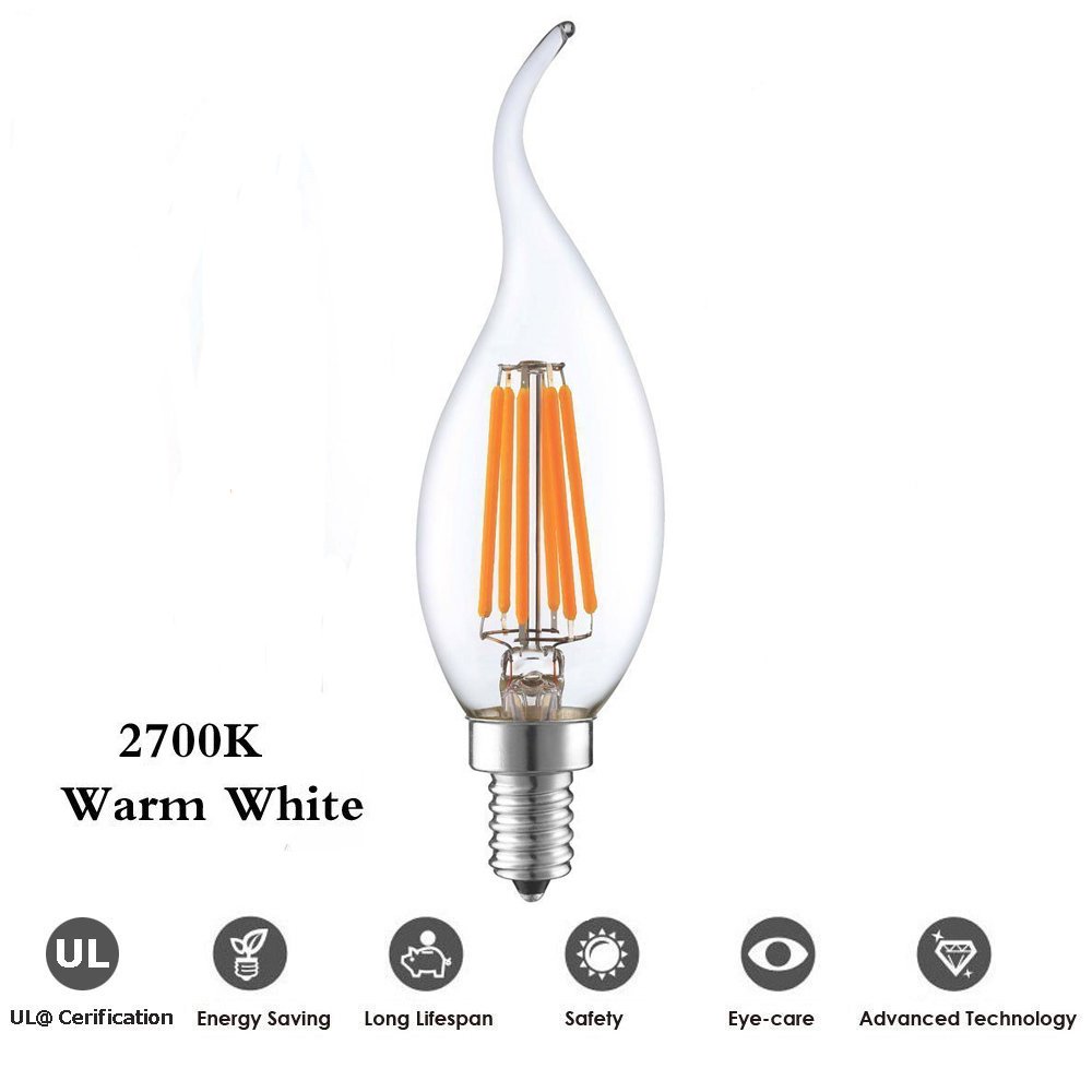 Ampoule à bougies LED Filament, 6W Vintage Antique Edison C35 E14 Forme à la flamme Bent Pointe Ampoule en verre transparent,60W Incandescent Equivalent,Blanc Chaud 2700K [Pack 9]