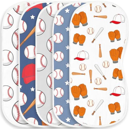 Image of Spriggenix 5 Pack Baseball Sport Burp Cloths Baby Boys Girls with Baseball Pattern, Large Cotton Burp Rags for Newborns Gifts Nursery Decor Extra Soft and Absorbent 9.8X19.6inches