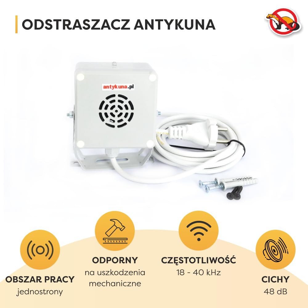 ANTYKUNA LIGHT&FLASH Hermetyczny odstraszacz kun 230V – ultradźwiękowy odstraszacz na narożnik i ścianę domu | cichy, z diodą LED | do 10 m | IP54D