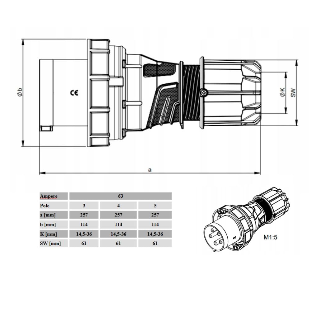 Hilark Cable Tech Przejściówka siłowa 63A, adapter siłowy 5P na 63A 4P IP 67 5M