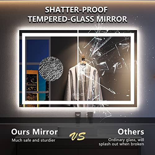 Image of 55x36 Inch LED Bathroom Mirror with Lights Front and Backlit Lighted Vanity Mirror for Bathroom Wall with 3 Colors Dimmable Anti-Fog Memory Shatter-Proof IP54 Waterproof Horizontal /Vertical