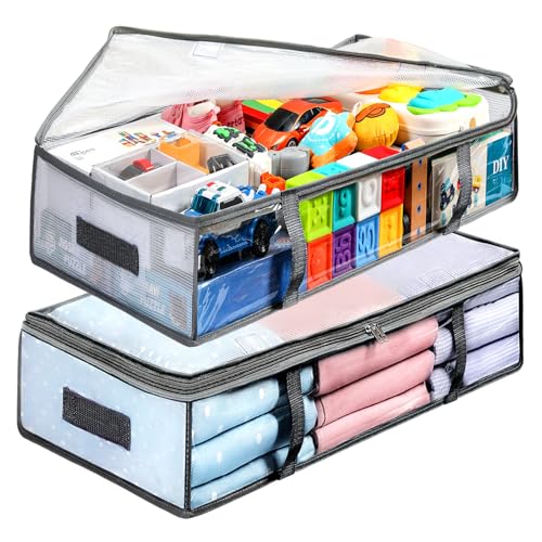 2 Pack Under Bed Storage Containers Bins, Humid-Proof Plastic Underbed Storage Bins, Clothes Storage and Organization Bags, Under the Bed Blanket Storage with Handles for Clothes, Bedroom