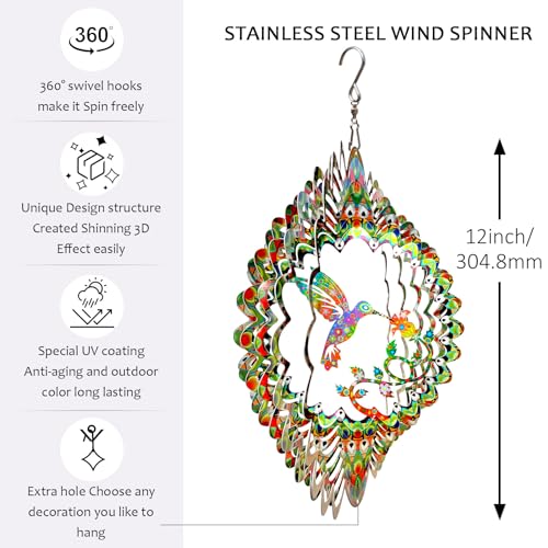 Image of Aoedelyart Hummingbird Wind Spinner for Yard and Garden,12in 3D Wind Spinner Hummingbird Gift for Women /Mother /Father /Men,Hanging Bird Wind Catchers Kinetic Yard Art Ornaments Outdoor Wind Sculptures