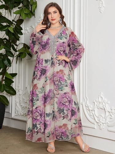Image of Spring Summer 2024 Plus Size Womens Dresses V Neck Casual Elegant Long Sleeve Floral Print Maxi Dress