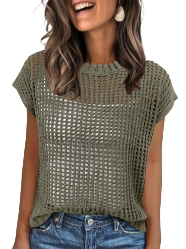Image of ANRABESS Short Sleeve Sweater for Women Summer Crochet Knit Tops