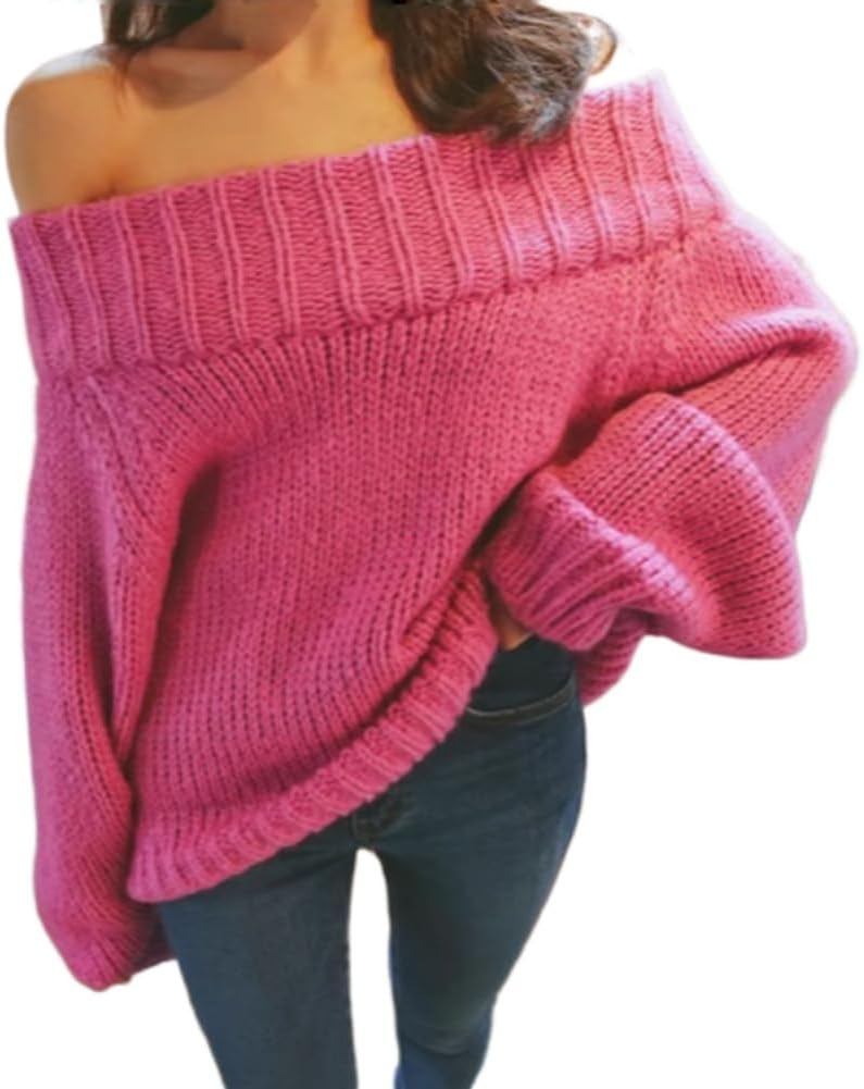 Autumn and Winter Style Loose One-Shoulder Solid Color Sleeve Offshoulder top Knitted Sweater for Women
