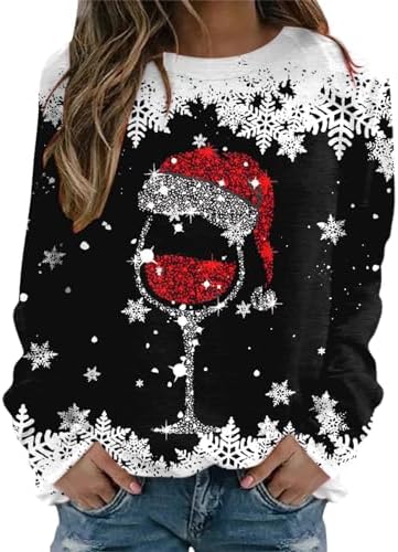 Christmas Sweatshirt For Women Casual Wine Glass Printed Crewneck Long Sleeve Christmas Shirts Xmas Holiday Glitter Tops