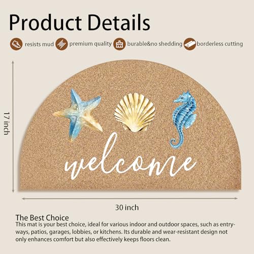 Mingnei Coastal Beach Coco Coir Welcome Half Circle Door Mat for Home House Entrance, Summer Ocean Seashell Seahorse Starfish Coastal Beach Floor Mats for Outdoor Outside Entryway 30x17 Welcome Mat - Image 3
