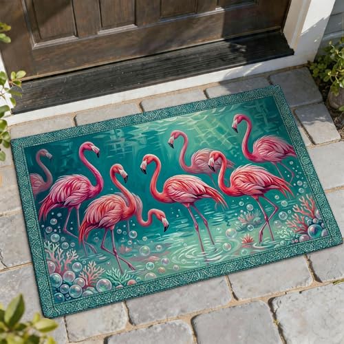 Tapete de bienvenida con diseño de pájaro tropical, burbujas de coral vibrantes, verano, melocotón, lavable, de perfil bajo, decoración del hogar para entrada, porche al aire libre, balcón, 29 x 17
