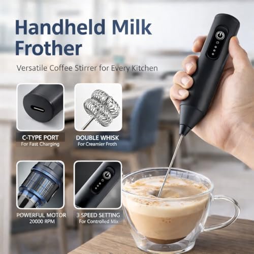 Image of Rechargeable Milk Frother Handheld, USB-C Electric Coffee Frother with Stainless Steel Whisk, 3 Speed Froth Maker for Coffee, Latte, Cappuccino, Matcha,Hot Chocolate (asorted)