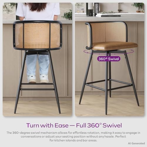 Image of 26 inch Swivel Rattan Bar Stools Set of 2, Counter Height Barstools, Brown | TYBOATLE, Farmhouse, Mid-Century Modern, Rattan Woven Back, Faux Leather Seat, Island, Kitchen