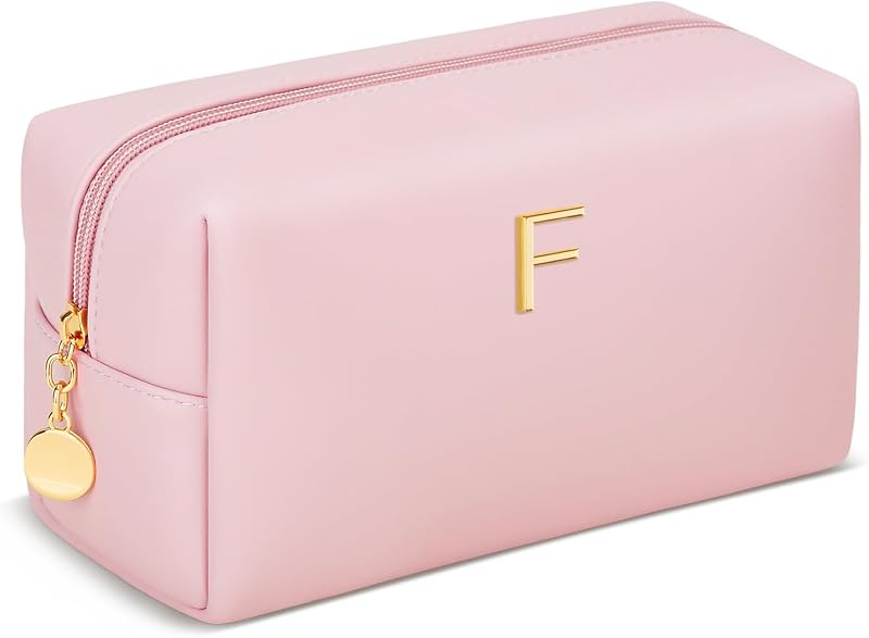 Necessaire de maquiagem KKXIU com inicial metálica, zíper, compartimentos em tela e couro PU rosa