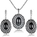 Dnswez Vintage Black Resin Crystal Marcasite Pendant Necklace and Earrings Jewelry Set