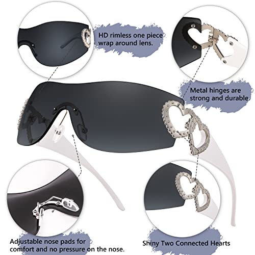 FEISEDY Y2K Rimless Sunglasses Heart for Women Men Around Wrap Fashion Futuristic 2000s Trendy Shield B29814