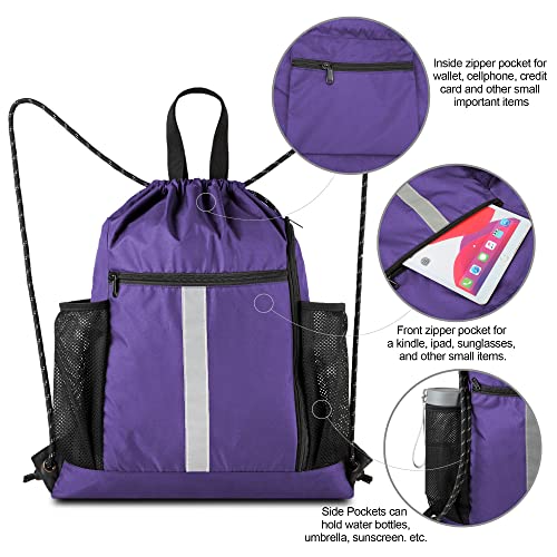 Image of BeeGreen Purple String Bag Sack Gym Backpack with Shoe Compartment and Two Water Bottle Holder for Men Women Lightweight Durable Drawstring Cinch Sackpack