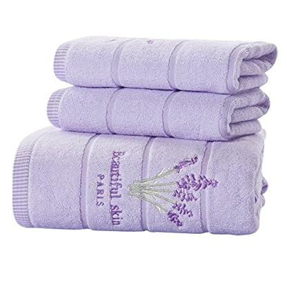 Lavendel, 3-teiliges Set: 3-teiliges Handtuch-Set mit Stickerei, Lavendel, Baumwolle, Handtuch, Badetuch, für Erwachsene…