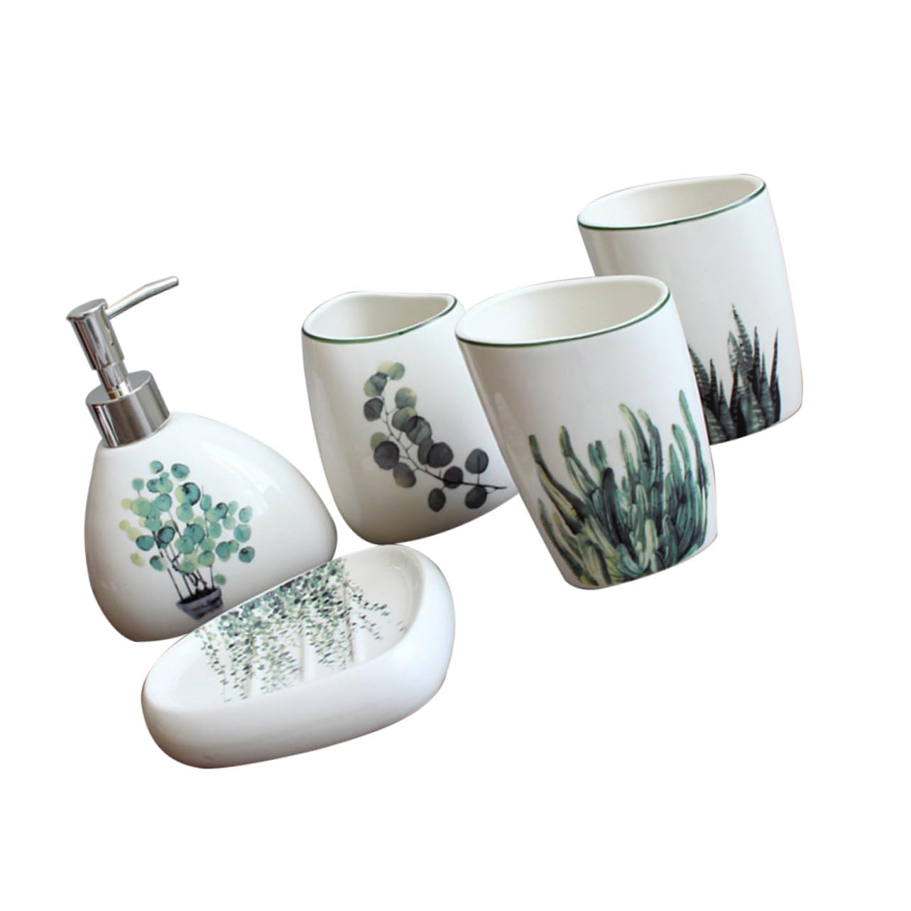 NUOBESTY Set Di 5 Accessori Bagno in Ceramica, Tazza Per Lavarsi i Denti e Portasapone, Contenitore Per Spazzolino Compatto, Superficie Liscia Facile Da Pulire, Per Organizzazione Bagno Quotidiana