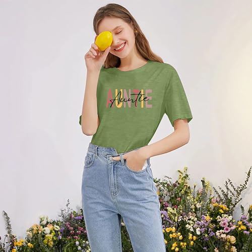Image of Auntie Women Warm Lovely Love Print Blessing Holiday Summer Ladies Women Casual Short Sleeve T-Shirt.