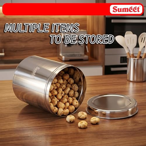 Image of Sumeet Stainless Steel Large Dabba /Canisters /Vertical Storage Container for Kitchen, 20cm Dia - 6500ml - (5.7Kg to 6.3Kg Approx)