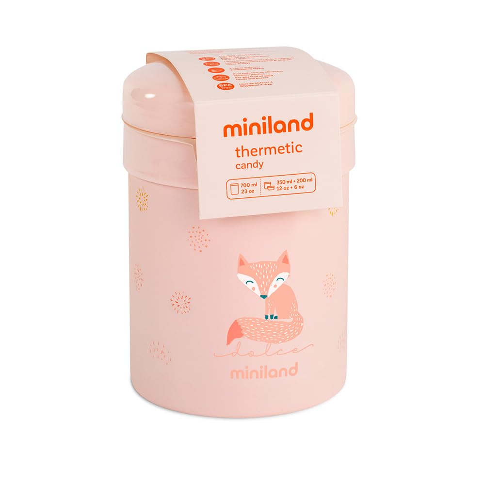 Miniland Thermetic Dolce Candy. Thermo papillero de 700ml, avec double couche d’acier et avec des intérieurs hermétiques, qui maintient la température froide et chaude pendant des heures.