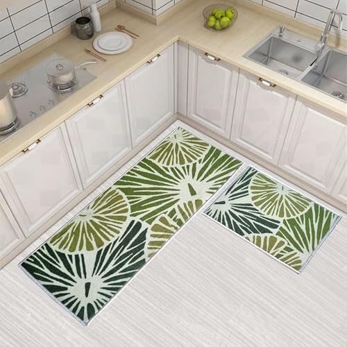Image of Matz&More Floral Pattern Runner Carpet Set | 2 Piece Anti-Slip Nylon Floor Mat 50 x 120 cm Runner & 40 x 60 cm Mat | Washable Low Pile Indoor Rug for Kitchen, Bedroom, Bathroom & Entrance | Green