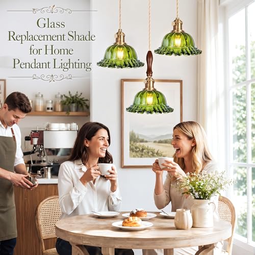 Image of 3 Pack Green Glass Lamp Shade Replacement, 7.87 inch Vintage Flower Art Blown Glass Lampshades E26 Base 1.65 inch Top Flower Shape Light Covers for Pendant Light, Wall Sconce, Floor, Table Lamps