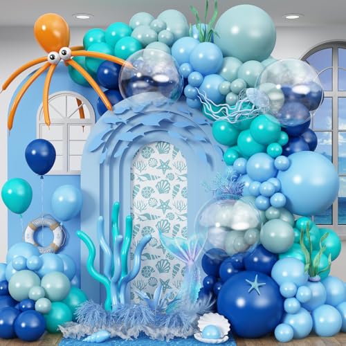 148pcs Under The Sea Balloons Garland Arch Kit for Boy Girl Ocean beach Themed Party Decorations for Baby Shower Birthday Party with octopus Balloon Blue Klein Teal Dusty Blue Orange Long Balloons
