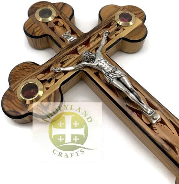 Miniatura 5 de Catholic Crucifix for Wall With Mother of Pearl, Olive Wood Cross Wall Decor, 9 Inch Wooden Crucifix with Relics from the Holy Land, Wedding