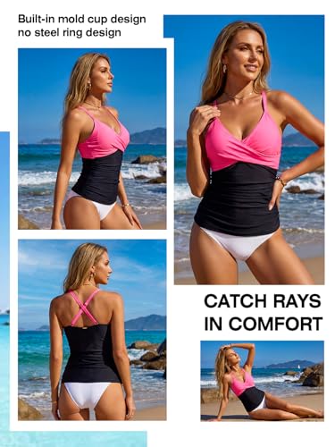 Image of RELELCIGA Women's Tankini Top V Neck Ruched Tummy Control Bathing Suit Top