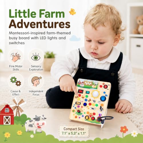 Image of Busy Board with LED Light Switches, Montessori Toys for 1 2 3 Years Old, Toddlers Wooden Toy Sensory Activity Board, Travel Toys for 1+ Year Old Boy & Girl Birthday Gift (Farm)