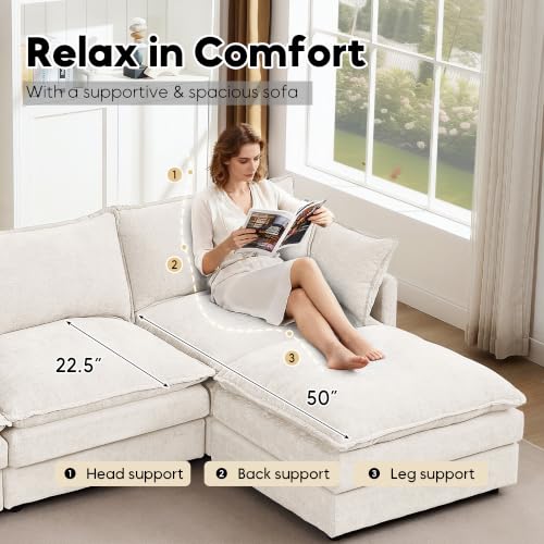 Image of 110.5 inch L Shaped Modular Sectional Sofa, Comfy Upholstery Chenille Cloud Couch with Ottoman, Modern 4-Seat Deep Seat Sofa with Pillow for Living Room, Apartment, Beige White