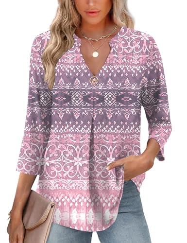 LOMON LOMON 3/4 Length Sleeve Womens Tops V-Neck Blouses Dressy Casual Flowy Shirts Business Tunic to Wear with Leggings S-3XL