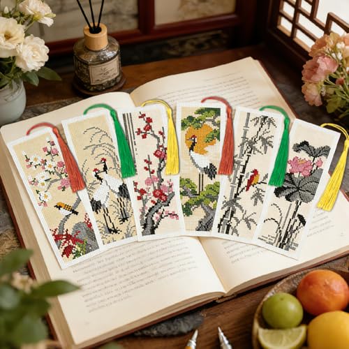 Image of ACRNIGHEET 6PCS Cross Stitch Bookmark Kit for Beginner Chinese-Style Stamped Cross Stitch Kits Needlepoint Kit for Adults DIY Tassel Embroidery Bookmark Kits with Instructions Craft Gift 8.5 inchx3 inch 11CT