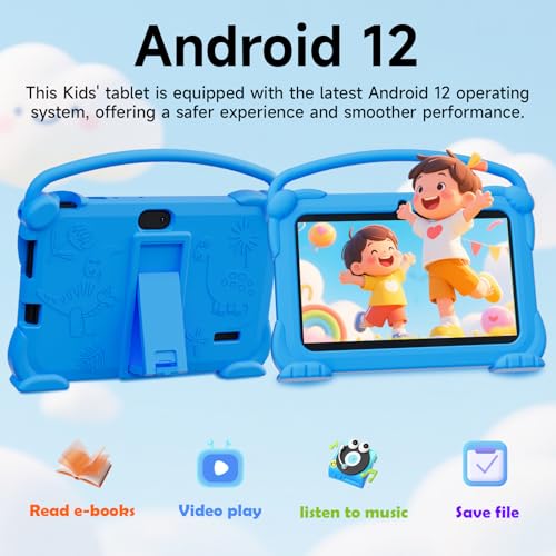Image of YQSAVIOR Kids Tablets, Android 12 Tablet for Kids, 4GB RAM 32GB ROM Toddler Tablet 7 inch IPS Screen, Parental Control, 2+5MP Dual Camera, Shockproof Case for Educational Games, Blue